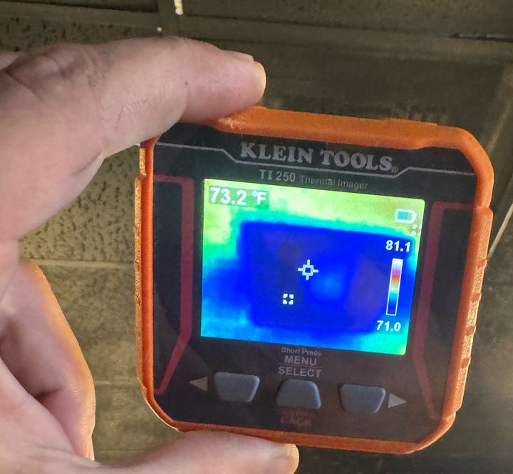 Klein Tools TI250 thermal imager showing a 73.2 degree Fahrenheit reading
